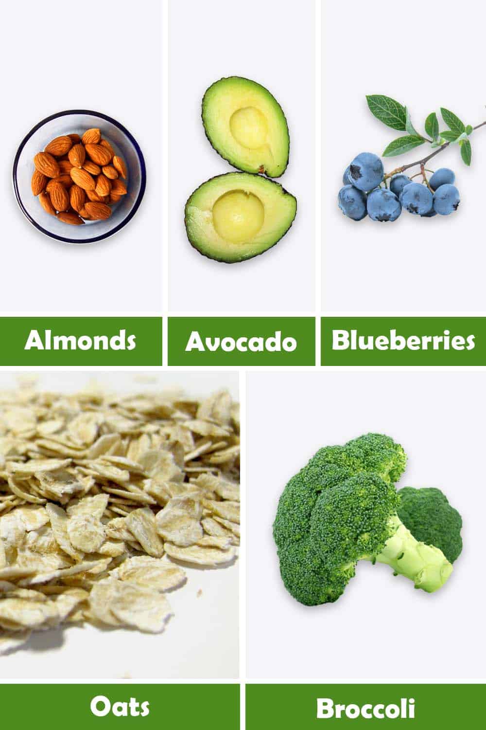 ALMONDS, AVOCADO, BLUEBERRIES, OATS AND BROCCOLI
