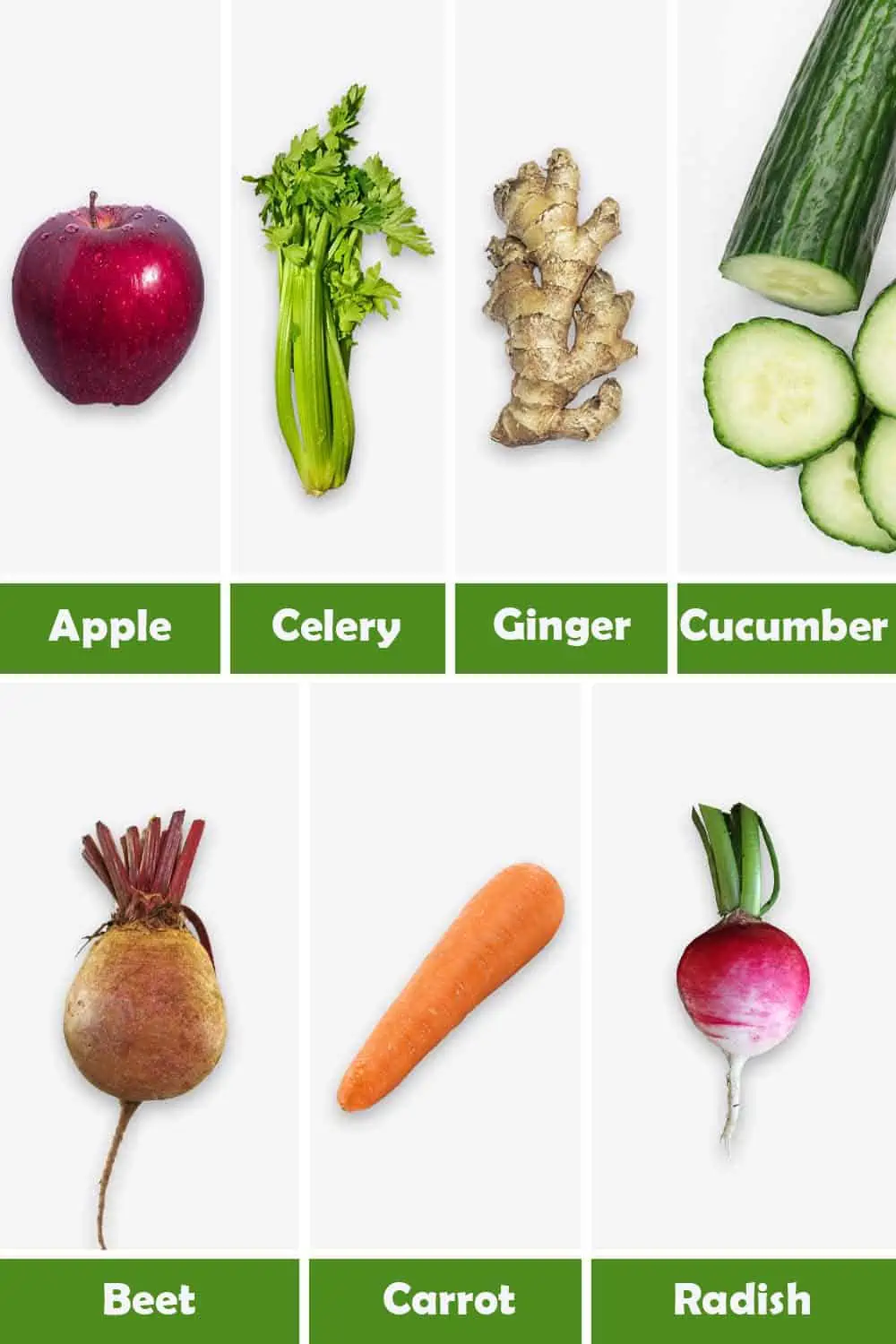 APPLE, CELERY, GINGER, CUCUMBER, BEET, CARROT AND RADISH