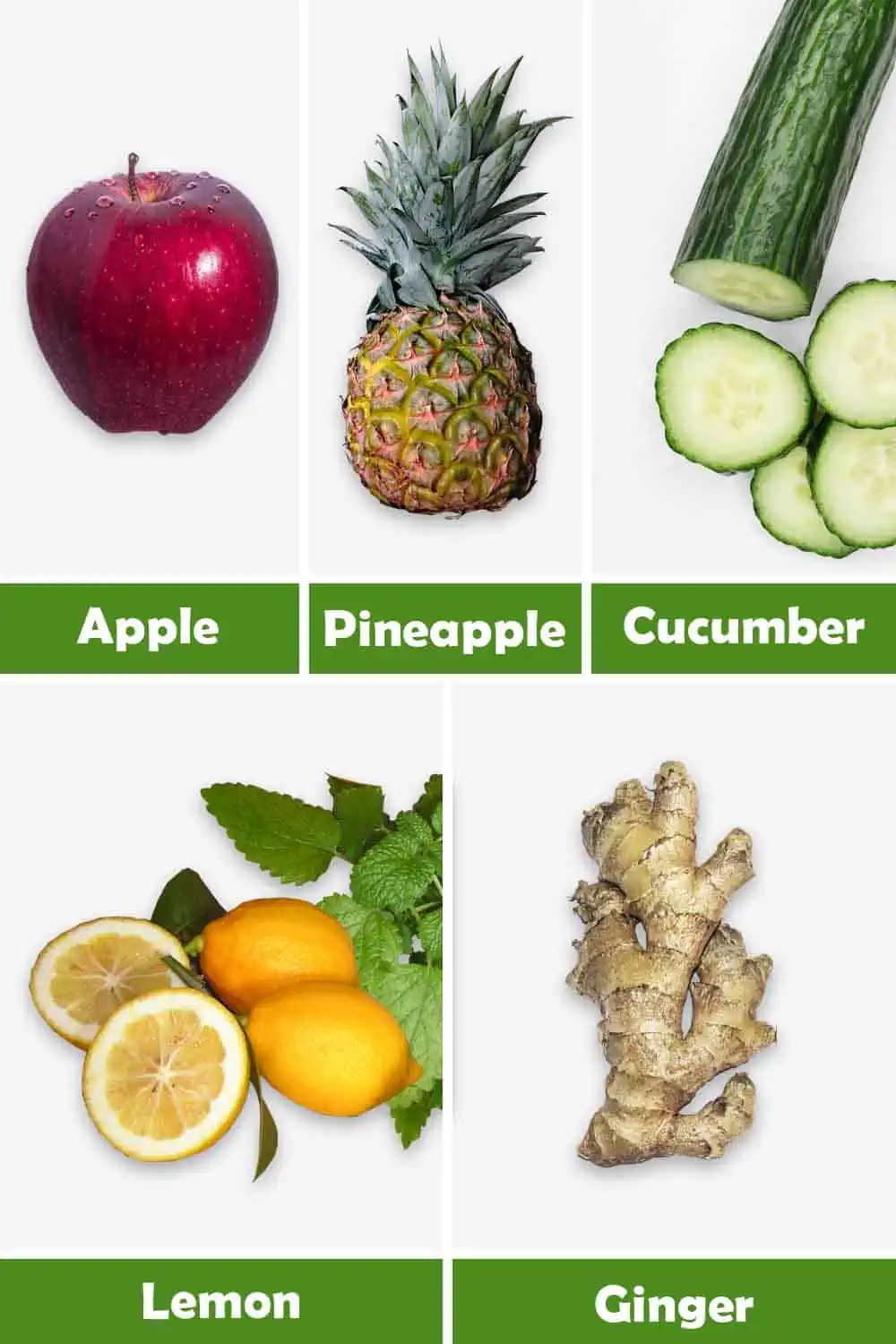 APPLE, PINEAPPLE, CUCUMBER, LEMON AND GINGER