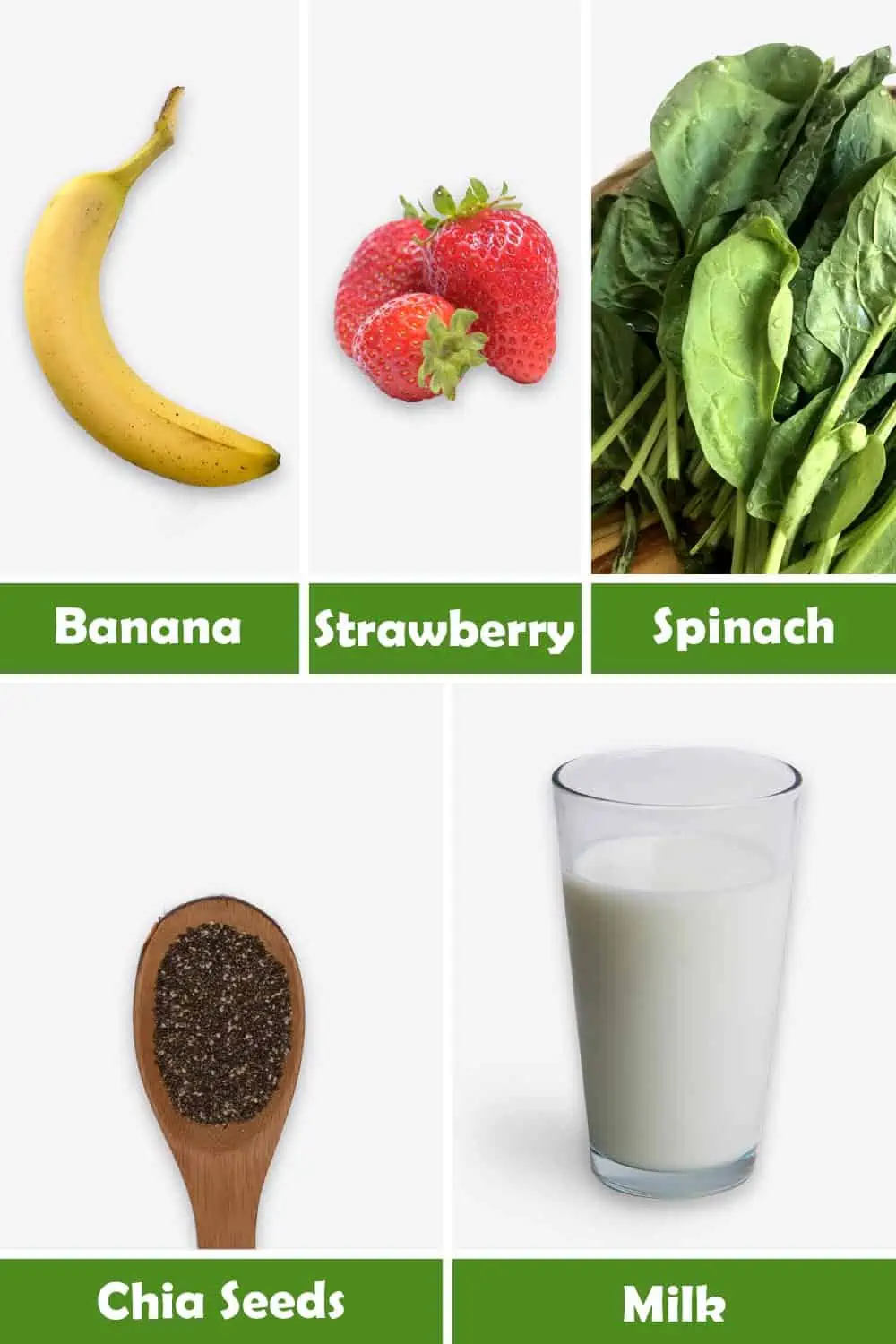 BANANA, STRAWBERRY, SPINACH, CHIA SEEDS AND MILK