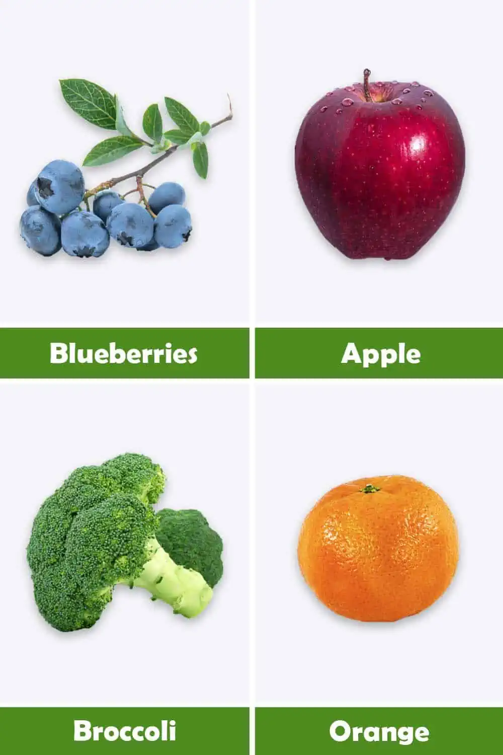 BLUEBERRIES, APPLE, BROCCOLI AND ORANGE