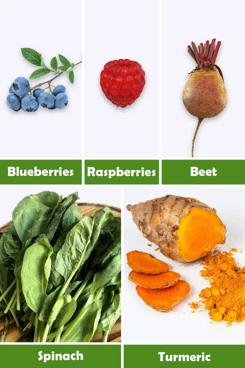 BLUEBERRIES, RASPBERRIES, BEET, SPINACH AND TURMERIC
