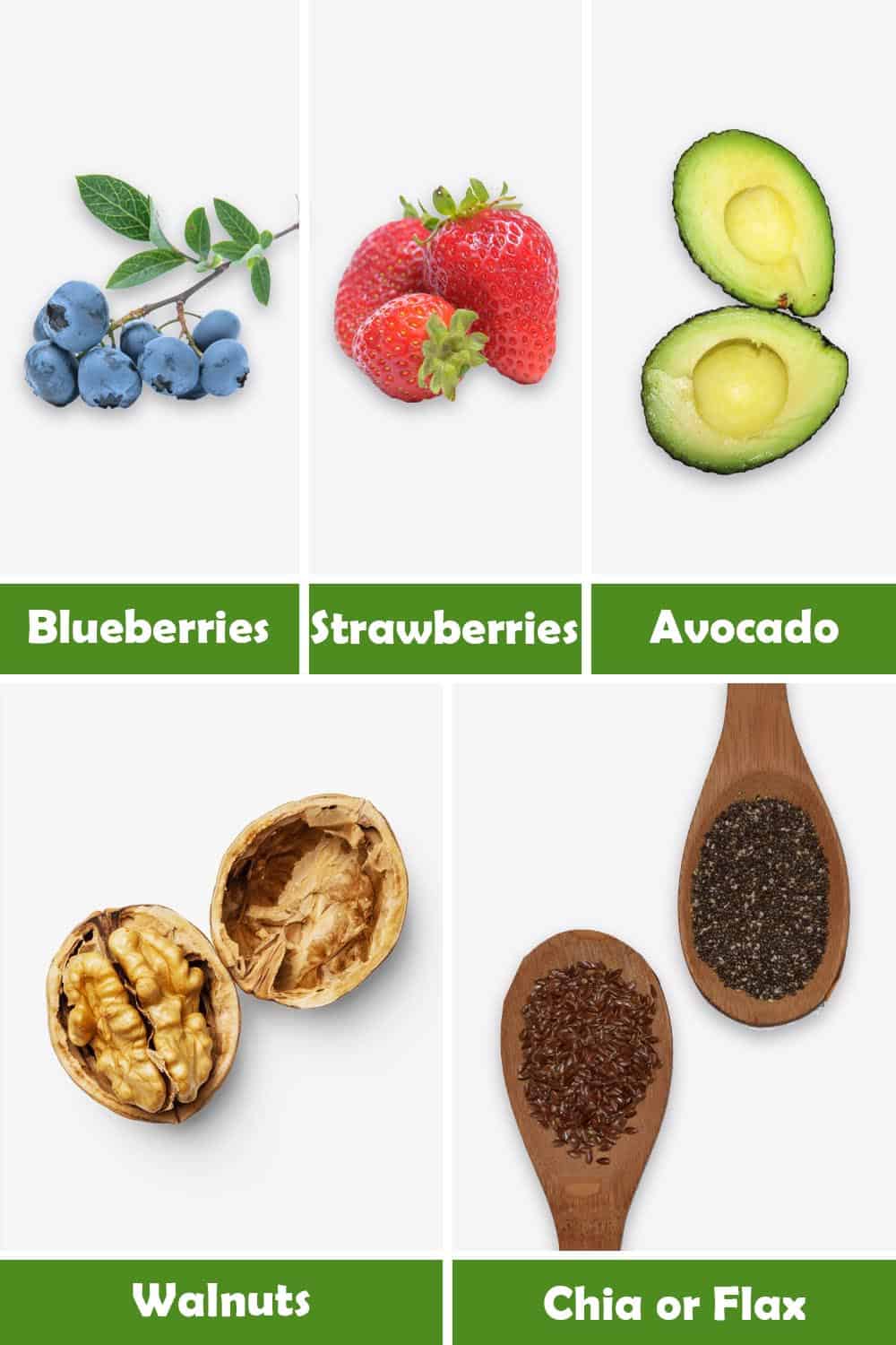 BLUEBERRIES, STRAWBERRIES, AVOCADO, WALNUTS AND CHIA OR FLAX