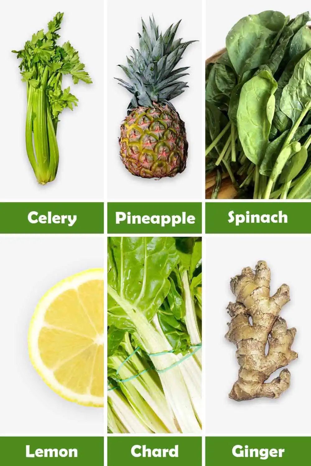 CELERY, PINEAPPLE, SPINACH, LEMON, CHARD AND GINGER