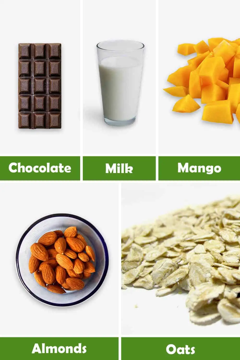 CHOCOLATE, MILK, MANGO, ALMONDS AND OATS