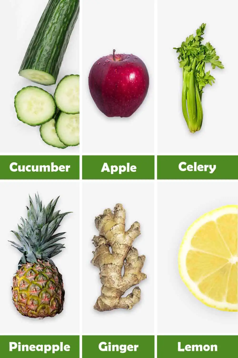 CUCUMBER, APPLE, CELERY, PINEAPPLE, GINGER AND LEMON