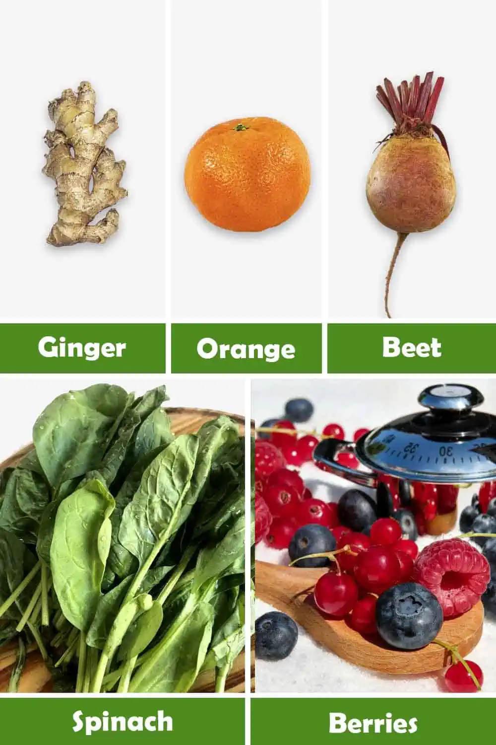 GINGER, ORANGE, BEET, SPINACH AND BERRIES
