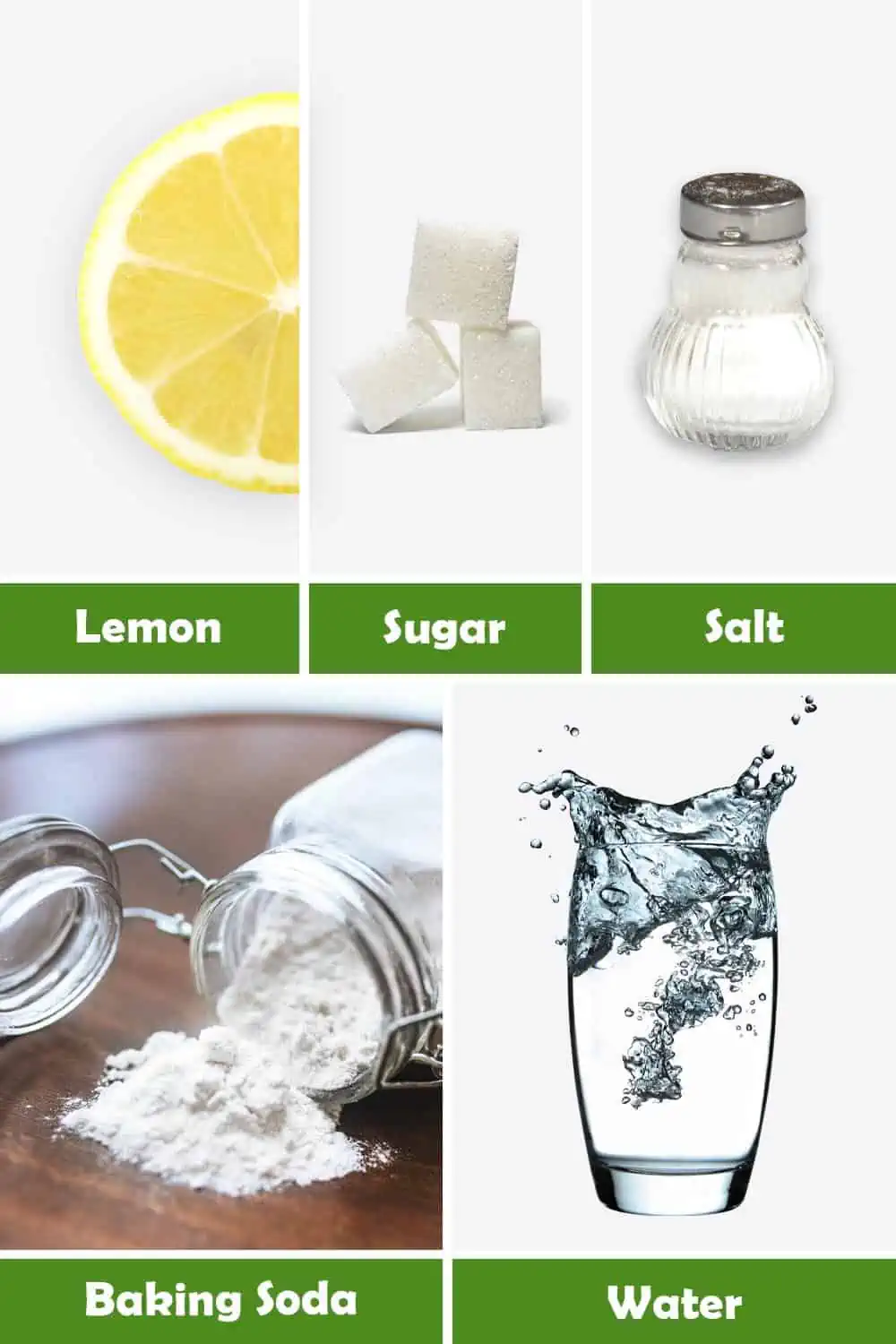 LEMON, SUGAR, SALT, BAKING SODA AND WATER