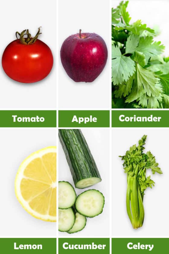 Tomato, Apple, Coriander, Lemon, Cucumber and Celery Juice